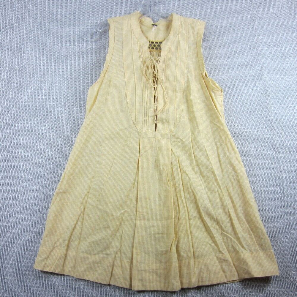 Free People Top Womens Small Yellow Striped Tunic Shirt Sleeveless Lace Boho